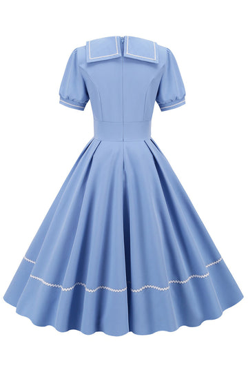 Vestido Azul Retro Mangas Cortas